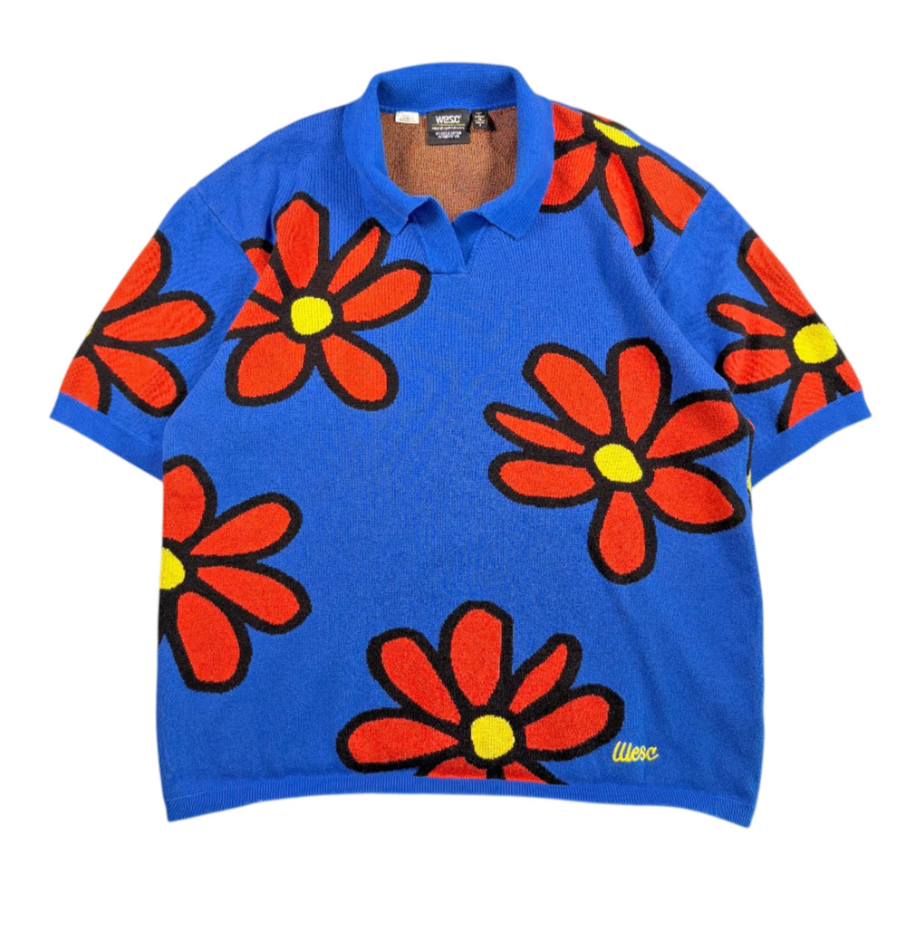 WeSC Floral Knit Johnny Collar Polo Shirt Blue Red Yellow Unisex L XL